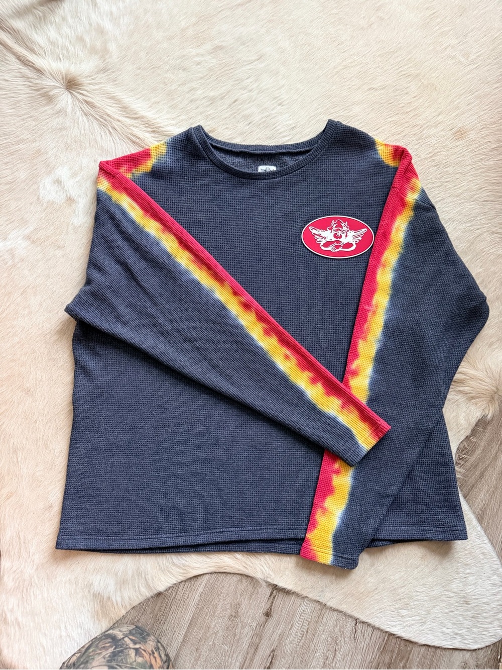 Boys Lie Dark Gray Long-Sleeve Thermal Top with Red & Yellow Tie-Dye Trim